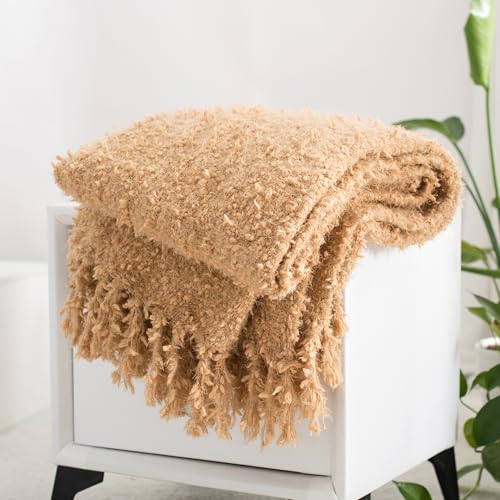 Winter Knit Throw Blanket Fluffy Fuzzy Soft Lightweight Cozy Farmhouse Tassels Chunky Knitted Throws for Couch Sofa Bed (Camel, 60"x80") - color: Camel, size: 60"x80"