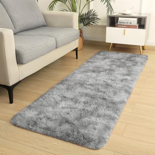 Tie-dye Runner Rug 2x6 Grey Rug Runner for Bedroom Kitchen Bedside Hallyway Entryway Super Soft and Fluffy Carpets Washable Kids and Pets Friendly - color: Grey and White, size: 2 x 6 feet