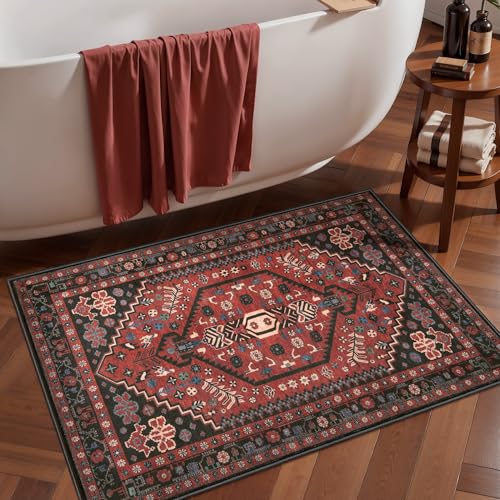 Ciicool Small Area Rug, 2x3ft Boho Rug, Ultra Soft Entry Rugs for Entryway, Non-Slip Washable Oriental Low-Pile Indoor Mat Floor Carpet for Entrance Bedroom Kitchen Bathroom Foyer Decor - color: Red / Black, size: 2' X 3' (Rectangular)