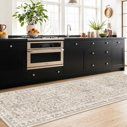 3x10ft Hallway Runner Rug Non-Slip Washable – Soft Long Carpet Runner for Kitchen Indoor Entryway,Boho Floral Low Pile Thin Wide Rug Runner with Rubber Backing (Beige,3x10) - color: Beige, size: 3' x 10' (Rectangular)