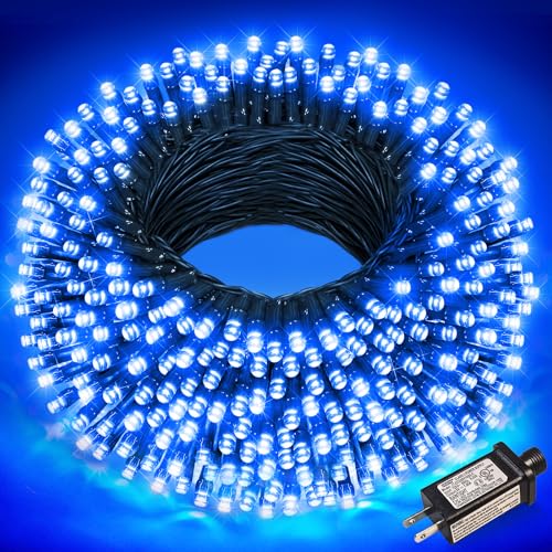Blue Christmas Lights Outdoor, 100FT 300 LED String Lights for Outside Waterproof with 8 Modes, Plug in Connectable Fairy Light Green Wire for Indoor House Patio Yard Holiday Decorations - color: Blue, size: 100FT 300 LED