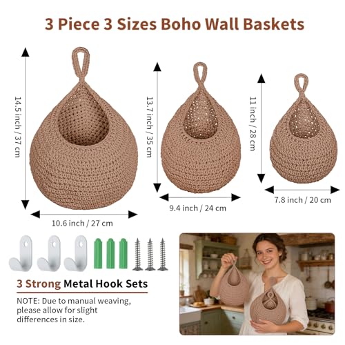 3 Pack Hanging Fruit Baskets with Hooks, Handwoven Cotton Wall Storage Baskets for Fruit Vegetable Plant 3 Sizes, Boho Decor Hanging Holder Teardrop Produce Basket for Kitchen Storage, Brown - color: Brown, size: 3 Pack