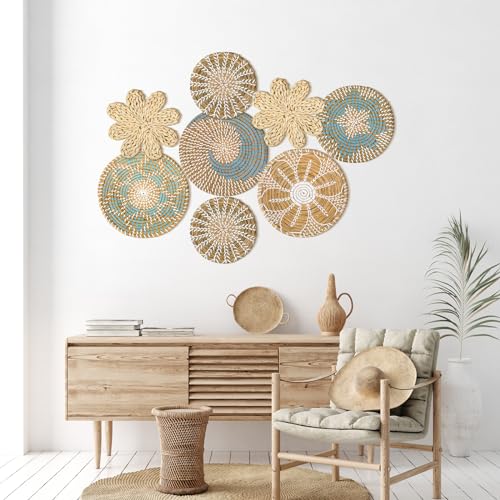 Xuhal 8 Pcs Boho Wall Basket Decor Decorative Bulrush Woven Basket Wall Decor Rustic Farmhouse Hanging Baskets for Kitchen Rustic Home Summer Decorations - style: Elegant