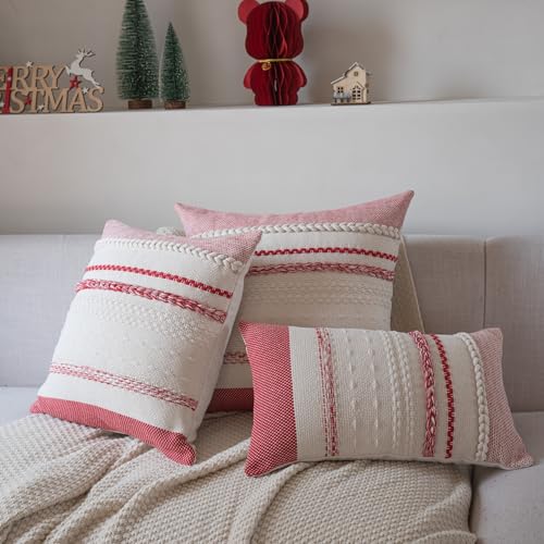 Cethom Christmas Pillow Covers 12x20 Inch Set of 2, Red Textured Boho Christmas Decoration Couch Pillow Cases for Farmhouse Home Decor, Accent Cushion Cover for Sofa, Bed, Living Room, Bedroom - color: Red, size: 20" x 12" (Pack of 2)
