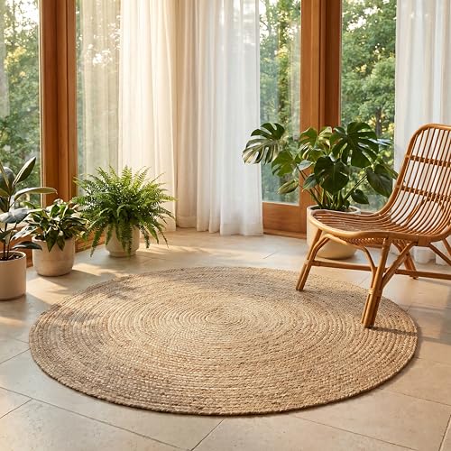 Jute Braided Area Rug, Natural - 4 Feet Round, Boho Neutral Rattan Circle Hand Woven Rugs for Living Room, Bedroom, Nursery, Kitchen, Indoor Use | Farmhouse Rustic Patio Floor Mat for Home Décor - color: Natural, size: 4' (Round)