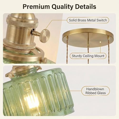 Green Striped Glass Pendant Light, 3 Natural Light Bulbs Included, Adjustable Cord with Switch, Suitable for Kitchen Island/Dining Room - color: Green 3pcs Ribbed Glass Pendant Light