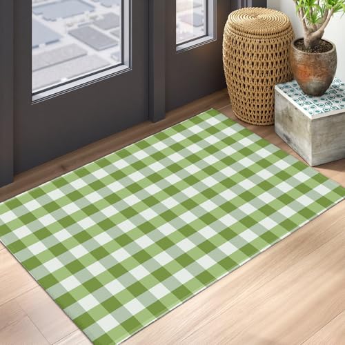 Green and White Buffalo Plaid Area Rug 2x3 Spring Summer Check Farmhouse Front Door Mat Small Non-Slip Low Pile Doormat Washable Indoor Outdoor Entryway Rugs for Living Room Bedroom Home Decor - color: Buffalo Plaid Green and White