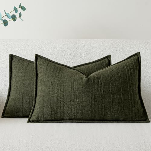 a moment Linen Pillow Covers Set of 2,Boho Farmhouse Throw Pillowcases Neutral Textured Decorative Covers for Couch Sofa,Linen Blend Accent Case Cushion Living Room Home Decor 20"x12"Dark Green - color: Dark Green, size: 20" x 12" (Pack of 2)