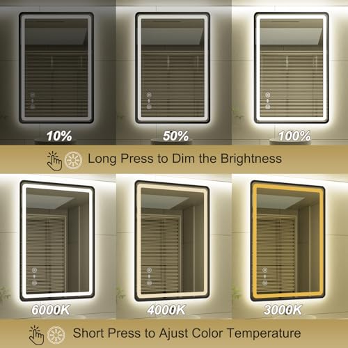 24x36 Inch LED Bathroom Mirror with Auto Sensor Lights, Black Framed Wall Bathroom Mirror, Backlit & Frontlit, Dimmable, Anti-Fog, 3 Colors, Memory Function, Smart Lighted Mirror for Vanity - color: Black-with Sensor Lights, size: 24"L x 36"W
