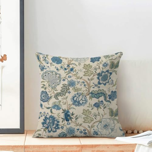 Boho Pillow Covers 18x18 Set of 2 Vintage Blue Flower Throw Pillow Covers Outdoor Decoration Chinoiserie Floral Pillowcase Farmhouse Decorative Linen Cushion Case for Home Sofa Couch - color: Boho-flower-blue, size: 18" x 18" (Pack of 2)