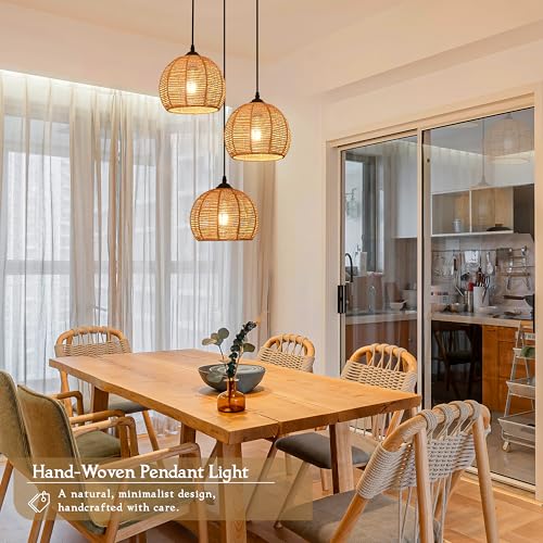 3-Light Mini Hemp Rope Woven Pendant Light Kitchen Island,3 Dome Hand Woven Boho Rattan Chandelier Farmhouse Wicker Ceiling Light,rustic Light Fixture For Living Room Hallway Dining Room(Bulb Incl. - color: 11.8" Natural 3-Light