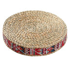 SUPVOX Woven Floor Pillow Meditation Cushion Handmade Indoor Seating Mat 30cm Diameter Bohemian Red Natural Grass Floor Cushion for Mindfulness Practice and Home Decor