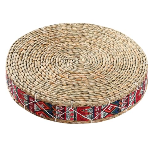 SUPVOX Woven Floor Pillow Meditation Cushion Handmade Indoor Seating Mat 30cm Diameter Bohemian Red Natural Grass Floor Cushion for Mindfulness Practice and Home Decor