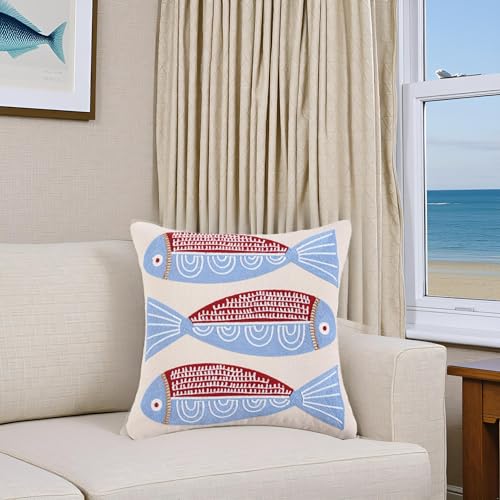 LUOYEHK Summer Embroidered Throw Pillow Covers 18x18 Inch Pack of 2 Coastal Canvas Beach Cushion Covers for Couch Sofa Bed Living Room (Red Fish) - color: A Pair of Seahorses
