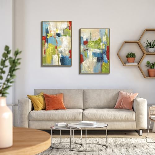 Framed Abstract Colorful Wall Art: 2 Pieces Artistic Heavy Textured Artwork Green Red Aesthetic Painting for Living Room - color: colorful, size: 36”x24”x2