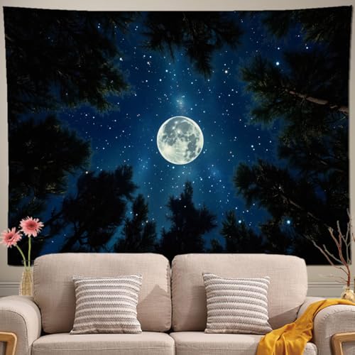 keowhsf Forest Galaxy Tapestry for Bedroom Ceiling - Starry Night Sky with Moon and Trees, Blue Aesthetic Wall Hanging, Milky Way Landscape Backdrop for Living Room and Dorm Decor - color: StarryNight, size: 48"L x 36"W