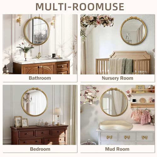 Vintage Gold Round Bow Mirror 28" – Decorative Metal Frame Circle Mirror with Beaded & Beveled Design, Antique Baroque Wall Mirror for Living Room, Bedroom, Bathroom, Entryway - color: Bow - 28"l X 28"w