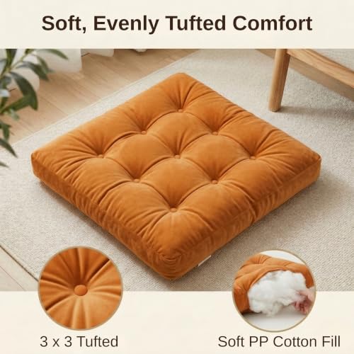 Floor Pillows for Adults Set of 2, Soft Velvet Floor Cushions for Sitting, Square Tufted Floor Pillow Set for Reading Nook, Living Room, Bedroom, 22 x 22 Inch, Orange - color: Orange, size: 2pack