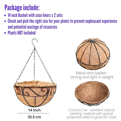 LaLaGreen Hanging Planter for Outdoor Plants (14 Inch, 2 Pack) Black Hanging Baskets with Coco Liner, Metal Wire Flower Basket Pots with Hook Hanger Balcony Porch Farmhouse Country Style Garden Decor - size: 14" x 2 Pack