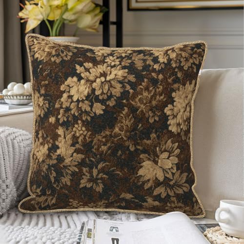 Vintage Dark Brown Flowers Velvet Pillow Covers 18x18 Inch Boho Retro Abstract Floral Throw Pillows for Couch Cushion Covers Pillowcase Bohemian Farmhouse Pillow Cases for Sofa Bed Bedroom - color: Brown Tan Floral, size: 18" x 18" (Pack of 1)