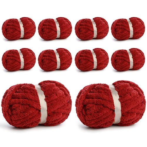 10 Pack Jumbo Chenille Yarn for Crocheting, #10 Super Bulky Baby Soft Yarn for Hand Knitting, 220 yds /70.5 oz Fluffy Chunky Knit Throw Blanket Yarn (Burgundy) - color: Burgundy