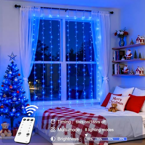JMEXSUSS 300LED Blue Curtain Lights, Christmas Lights with Remote, Hanging String Lights for Bedroom Wall Window Backdrop Garden Indoor Outdoor Patio Yard Decorations, 9.8x9.8ft - color: Blue, size: 300 LED