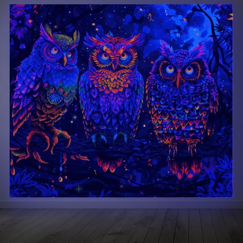 CRAFTYMELODY Owl Blacklight Tapestry Glow in the Dark Tapestry UV Reactive Colorful Forest Aniaml Wall Hanging 59×51 Inch with Hook Self Adhesive Sticker Clip for Bedroom Home Wall Decoration - color: Owl