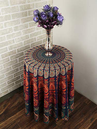 RAJRANG Boho Mandala Roundie Gypsy Hippie Tapestry Decorative Cotton Tablecloth Meditation Yoga Mat - Golden Blue - 72 Inches - color: Golden Blue, size: 72"L x 72"W