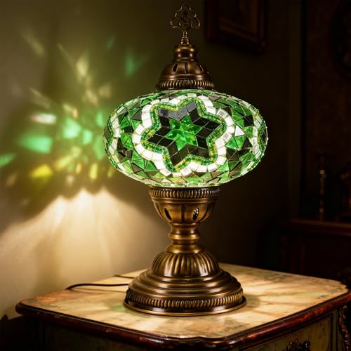 Turkish Lamp, Mosaic Table Lamp, Antique Moroccan Decorative Glass Bohemian Vintage Lamp Shade, Small Desk Tiffany Bedside Stained Glass Lamp with US Plug and E12 Socket - color: Green-9