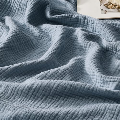 WDCOZY Muslin Throw Blanket 100% Cotton Blankets 4-Layer Breathable Lightweight Soft for Couch Boho Farmhouse Linen Tassels Ruffle Gauze Blankets All Season for Adults 50x60 Inches Dusty Blue - color: Dusty Blue, size: Throw (50"x60")