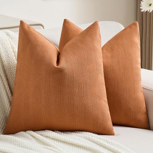 FUTEI Pack of 2 Chenille Decorative Throw Pillow Covers 16x16 Inch,Soft Cozy Striped Geometric Patterns Cushion Case,Modern Home Decor for Couch Bed Living Room,Burnt Orange - color: Burnt Orange, size: 16" x 16" (Pack of 2)