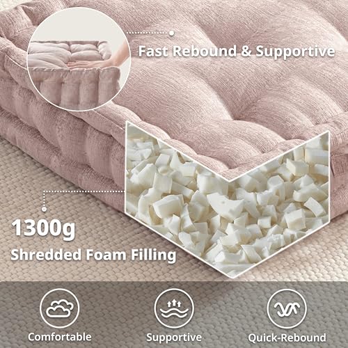 Intelligent Design Large Floor Pillow for Adults Yoga or Meditation Cushion with Handle, Floor Cushion for Board Games, Lustrous Chenille Tufted, Handsewn Scalloped Edge, Azza, 24" x 24" x 5" Blush - color: Square Blush With Handle, size: 24"W x 24"L x 5"