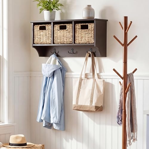 SAFAVIEH Home Collection - Finley Dark Chocolate Brown Wall Mounted 3-Basket Storage Rack with Hooks & Seagrass Baskets (HAC5700D) - color: Dark Chocolate