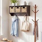 SAFAVIEH Home Collection - Finley Dark Chocolate Brown Wall Mounted 3-Basket Storage Rack with Hooks & Seagrass Baskets (HAC5700D) - color: Dark Chocolate