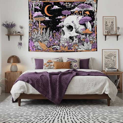 Accnicc Mushroom Skull Tapestry Gothic Skeleton Vintage Plant Tapestries Wall Hanging Botanical Witchy Horror Large Tapestry for Bedroom Living Room Dorm 80 x 60 inch - color: Purple White, size: 80"L x 60"W