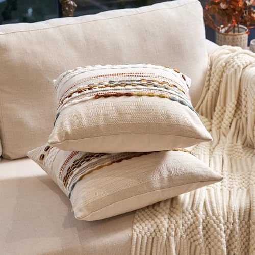 Aeckself Boho Throw Pillow Covers 18x18 Inch Set of 2, Farmhouse Decorative Striped Square Pillow Covers Chenille Tufted Pillow Cases Accent Neutral Pillowcase for Living Room Couch Bed, Orange White - color: Orange White