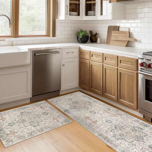 GENIMO Runner Rug 2PCs, Machine Washable Non Slip Vintage Hallway Runner Rug 17.3"x47"+17.3"x30", Low Pile Lightweight Rugs for Indoor Entryway, Hallway, Kitchen and Corridor, Light Taupe Brown - color: Taupe, size: 1'4"x 3'11"(Rectangular)