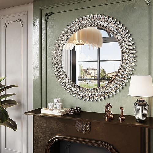 Kelly Miller Round Jeweled Mirror for Wall Decor, 32 in Modern Decorative Wall Mirror with Luxury Diamonds Beveled Vanity Mirror for Bedroom, Living Room, Bathroom, Hallway, Entryway, Fireplace - size: 32"L x 32"W