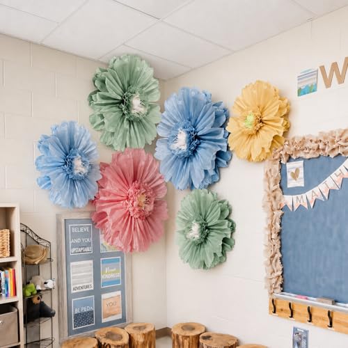 Giegxin 6 Pcs 31.5", 24" Boho Giant Paper Flower Morandi Back to School Bulletin Board Decoration Large Green Blue Classroom Tissue Flower for Wall DIY Nursery Photo Backdrop First Day of School Party - color: Pink,Green,Yellow,Blue, size: 31.5", 24"