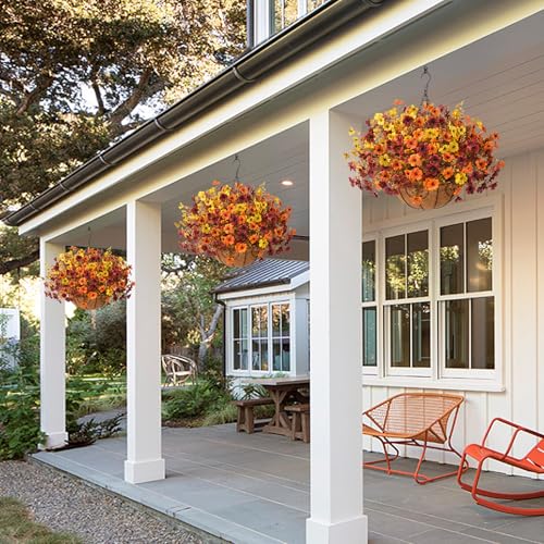 Artificial Fake Hanging Baskets Fall Flowers for Outdoors Decoration, Faux Silk Mums Plants UV Resistant Look Real Outside Yard Patio Front Porch Garden Balcony Home Autumn Decor (Orange Yellow Brown) - color: Orange Yellow Brown