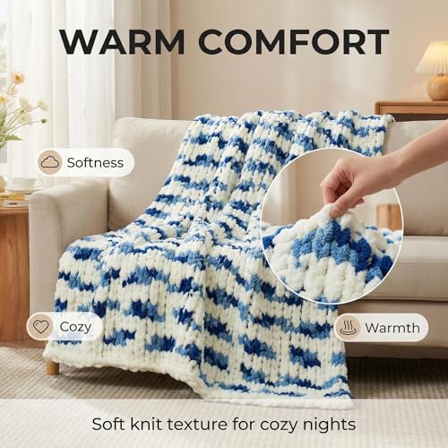 Amélie Home Chunky Knit Throw Blanket for Couch, Soft Chenille Handmade Crochet Throw Rope Knot Blanket for Couch, 50"x60", Space-Dyed Blue Striped - color: Blue/White Stripe, size: 50"x60"