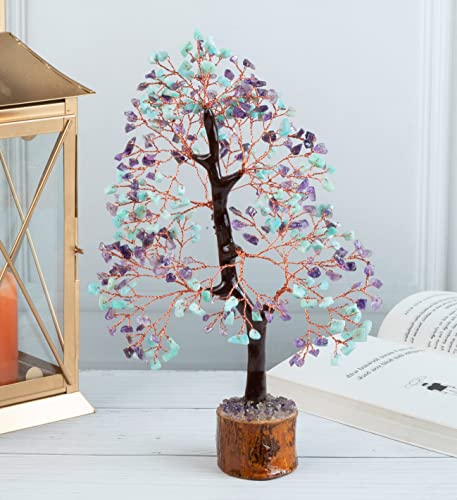 Crocon® Amethyst & Amazonite Crystal Tree Home Decor, Birthday Gifts for Women, Sister Gemstone Gift for Her Money Tree Crystals and Healing Stones House Warming Gift New Home Spiritual Decor Present - color: Amethyst + Amazonite (Copper Wire)