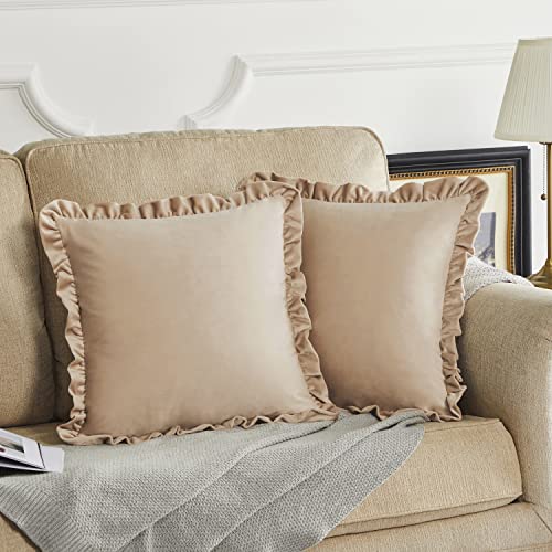 GIGIZAZA Champange Decorative Throw Pillow Covers, 18x18 Velvet Ruffle Cushion Pillow Covers for Sofa Couch Set of 2 - color: Champagne, size: 18" x 18" (Pack of 2)