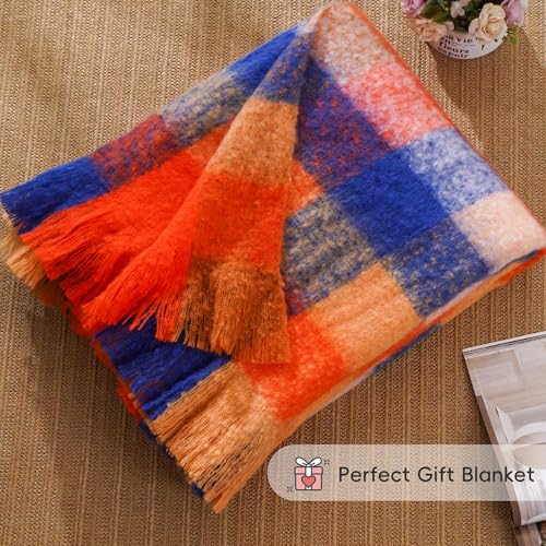 Battilo Fall Orange Plaid Throw Blanket for Couch, Colorful Mohair Tartan Plaid Blanket, Farmhouse Style Throw Blankets for Fall Home Decor(50"x60") - color: Multi Orange