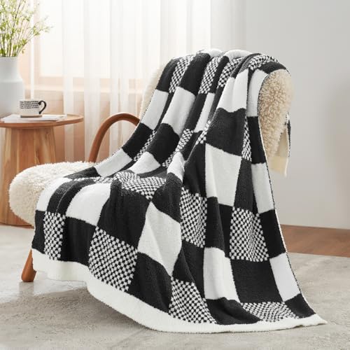 Snuggle Sac Checkered Blanket, Black Throw Blanket for Couch Plaid Microfiber Fluffy Warm Fuzzy Cozy Soft Throw Blanket Reversible Checkerered Blankets for Sofa, Chair, Bed, 50x60 inches - color: Checker Black White, size: Throw(50"x60")
