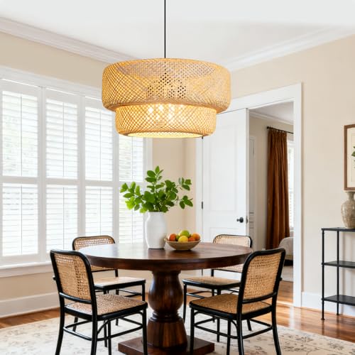 23.65” Farmhouse Bamboo Chandelier 4-Lights Large Hand-Woven Rattan Pendant Light Boho Bamboo Dining Room Lights Fixtures for Bedroom Living Room Restaurant Cafe Kitchen Island - color: Beige-23.65IN