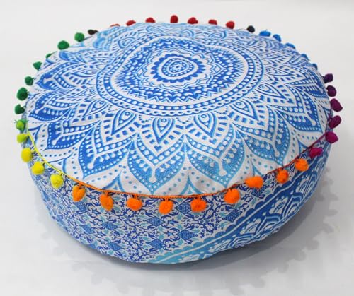 INDIAN CRAFT CASTLE ICC Mandala Barmeri Large Floor Pillow Cover Cushion Meditation Seating Ottoman Throw Cover Hippie Decorative Zipped Bohemian Pouf Ottoman Cases Blue Ombre 16" Round - color: Blue and White, size: 16"D x 16"W x 5"H