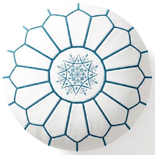 Marrakesh Gallery Genuine Leather Round Pouf Unstuffed - Moroccan Ottoman Footstool, Footrest Cover - Boho Decor - Bohemian Living Room, Bedroom, Kids Room, Gift & Wedding - color: White By Turquoise