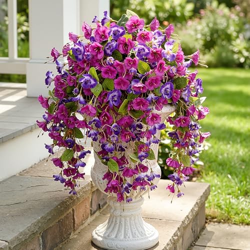 6Pcs Artificial Hibiscus Fake Hanging Flowers, Silk Faux Flowers for Outdoor Planters, UV Resistant Artificial Outdoor Plants for Hanging Baskets, Porches, Patios Decorations (Purple + Red) - color: Purple + Red