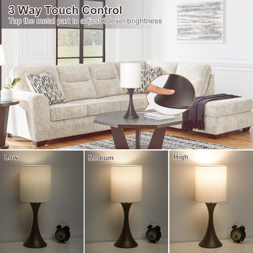 3 Way Touch Control Table Lamp, Modern Bedside Lamp Dimmable Nightstand Lamp with Beige Shade and Dark Brown Base, Small Desk Lamp for Living Room, Dorm, Home Office, 9W LED Bulb Included - color: Brown Base with Beige Shade